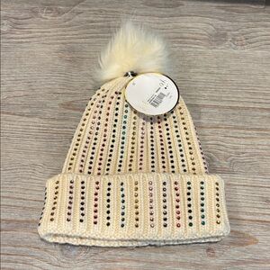 Beige Knit Beanie with Colorful Rhinestones